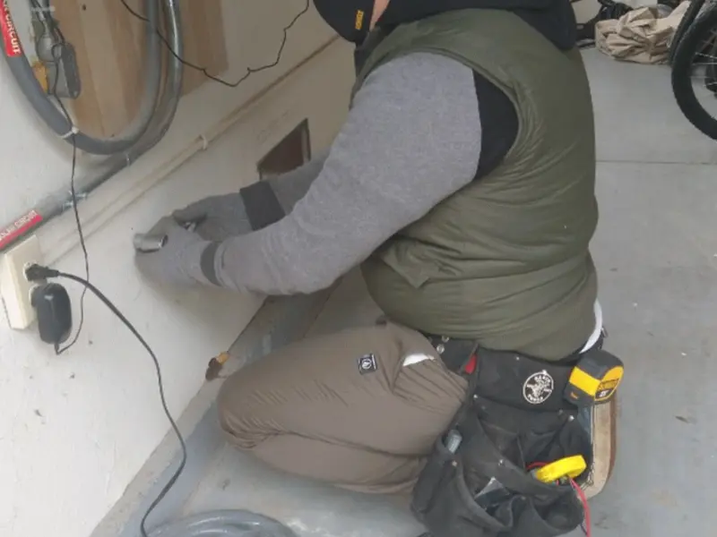 Electrician performing outlet wiring in a Belchertown garage